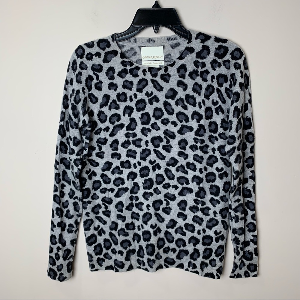 Cynthia Rowley Gray & Black Leopard Print Crewneck‎ Cashmere Sweater
